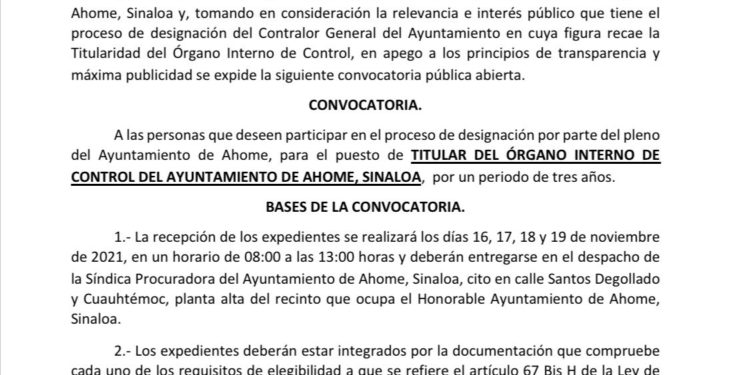 Convocatoria para designación del Titular del Órgano Interno de Control